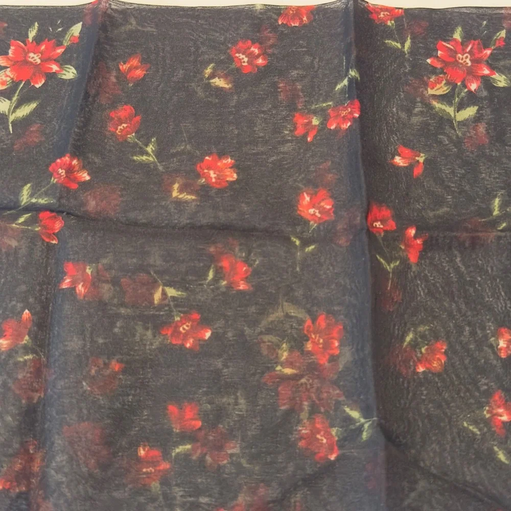 Floral Sheer Square Scarf Black Red Rose Print Lightweight India Cottagecore VTG